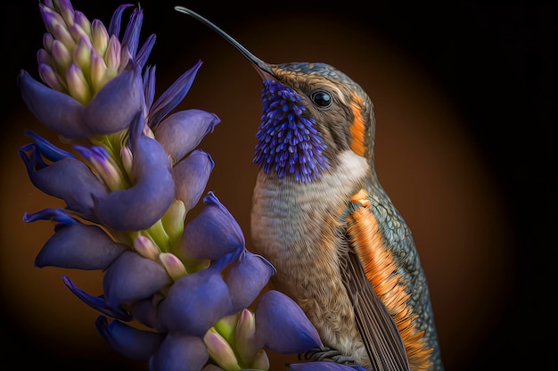 Beija-flor com uma flor roxa no bico