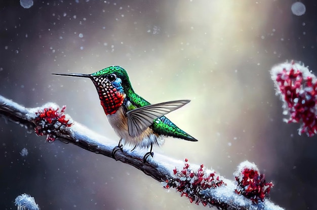 Beija-flor na neve Beija-flor bonito na paisagem de inverno