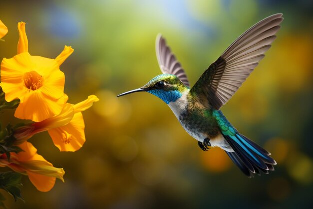 beija-flor voando e cheirando uma flor amarela