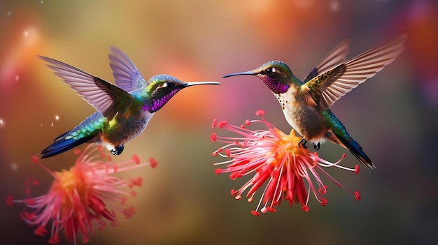 Beija-flores estão voando sobre uma flor com fundo da imagem de um beija-flor