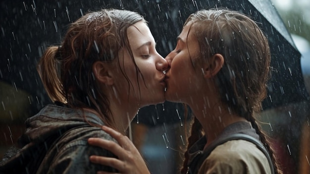 Beijo lésbico entre duas garotas em uma chuva torrencial Generative AI