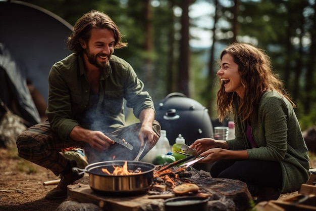 Beim Camping Essen kochen und gemeinsam scherzen