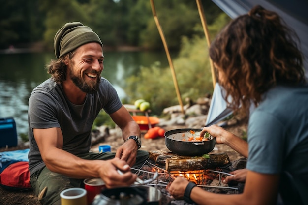 Beim Camping Essen kochen und gemeinsam scherzen