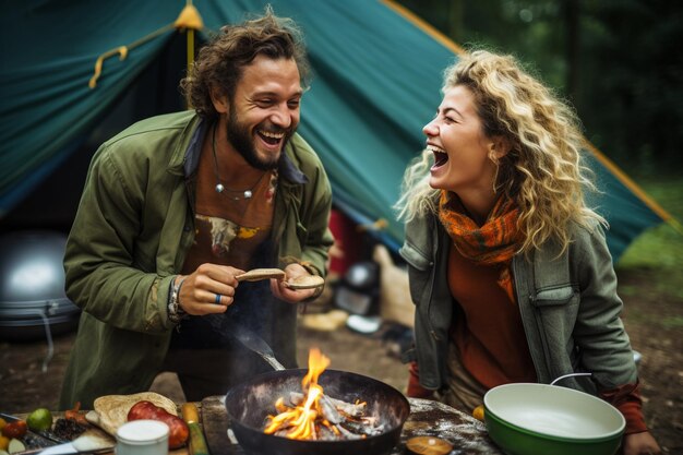 Beim Camping Essen kochen und gemeinsam scherzen