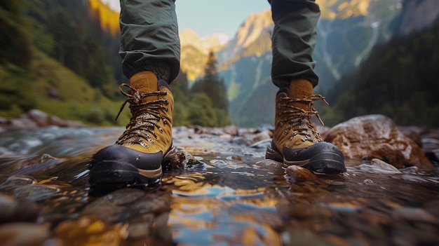 Foto beine des touristen auf dem hintergrund des flusses gegen den hintergrund der berge