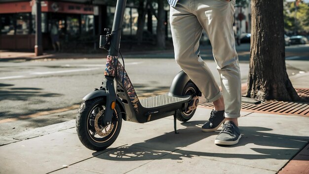 Beine eines Mannes, der auf einem auf dem Bürgersteig geparkten E-Scooter steht