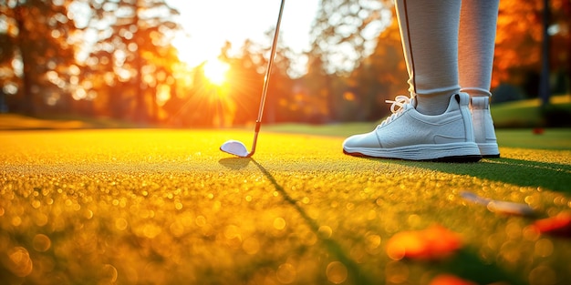 Beine eines Mannes, der mit einem Golfschläger auf dem Rasen auf einem Golfplatz bei Sonnenuntergang in der Nähe spielt