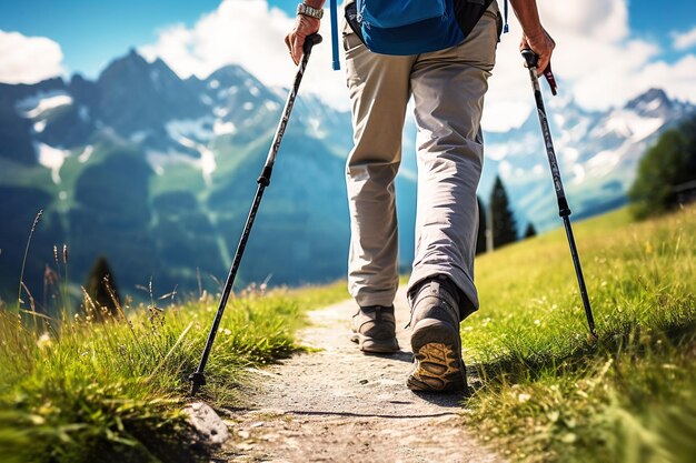 Beine eines Mannes in Trekking-Sneakers, der an einem sonnigen Tag mit nordischen Gehstöcken entlang der Straße geht