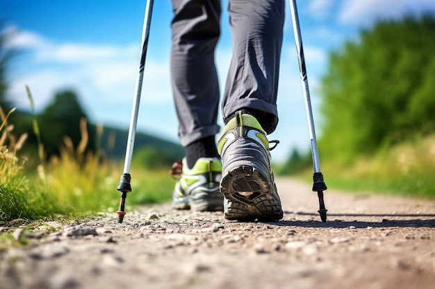 Beine eines Mannes in Trekking-Sneakers, der an einem sonnigen Tag mit nordischen Gehstöcken entlang der Straße geht