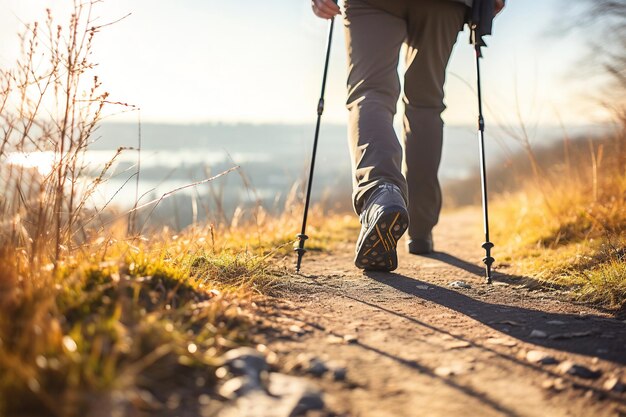 Beine eines Mannes in Trekking-Sneakers, der an einem sonnigen Tag mit nordischen Gehstöcken entlang der Straße geht
