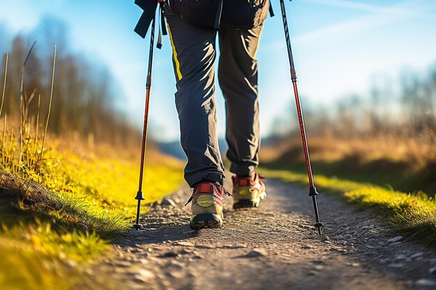 Beine eines Mannes in Trekking-Sneakers, der an einem sonnigen Tag mit nordischen Gehstöcken entlang der Straße geht