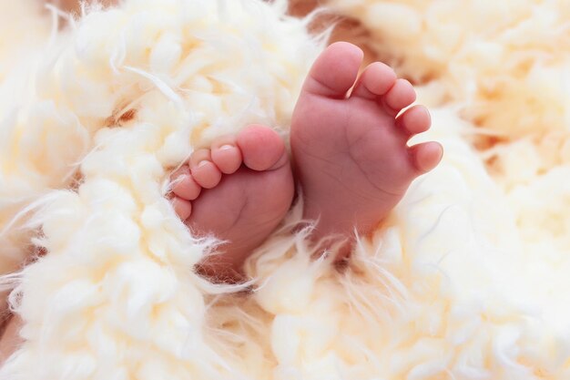 Foto beine eines neugeborenen in einer pfirsichfarbenen wolldecke