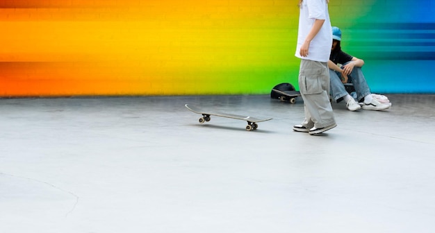 Beine in Turnschuhen auf einem Skateboard Junges Mädchen fährt gemeinsam Skateboard in einem Skatepark