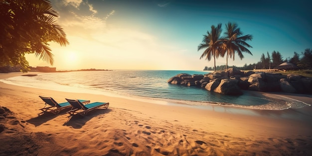 Foto beira-mar com espreguiçadeiras ao pôr do sol modelo de verão colorido conceito de recreação ia generativa