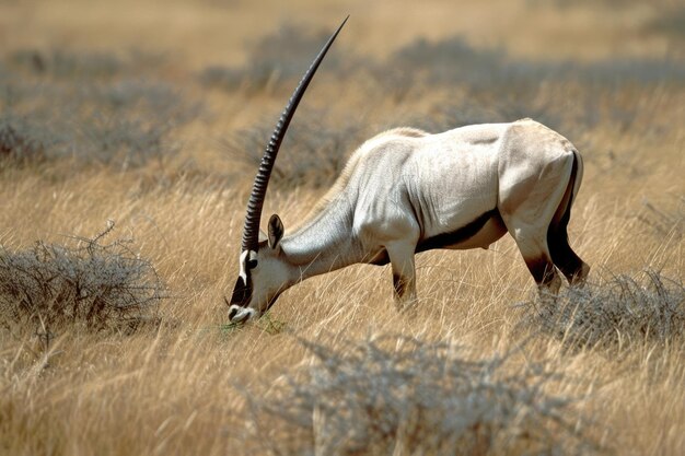 Foto beisa oryx pastoreando en la vegetación en la reserva de caza de samburu kenia antílope africano comiendo con su