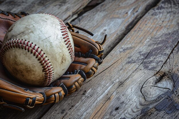 Béisbol antiguo y guante sobre telón de fondo de madera