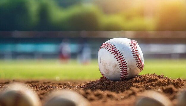 Béisbol de cuero tendido en el suelo en un campo de béisbol deporte activo profesional