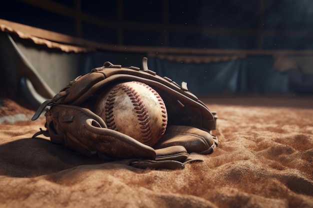 Béisbol en guante tendido en el montículo del lanzador del campo de pelota generado por IA