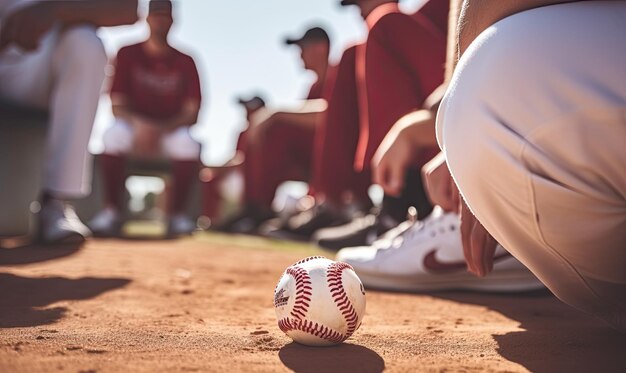 Béisbol sentado en un campo de béisbol con un grupo de hombres