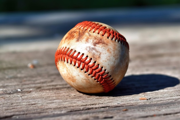 Béisbol usado y sucio a la luz del sol en la mesa de madera