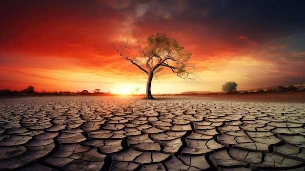 Bekämpfung der globalen Erwärmung mit trockenen Gebieten im Hintergrund mit der roten SonneGenerative KI