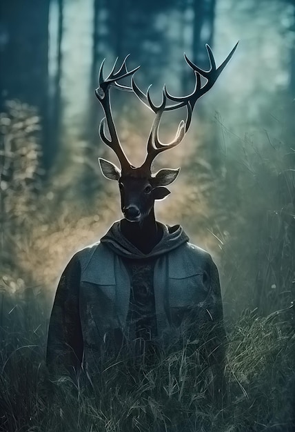 Bekleidete Hirsche im Wald, erzeugt durch künstliche Intelligenz