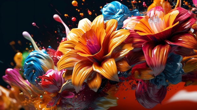Bela abstração de cores brilhantes misturadas de tintas e flores em um fundo escuro