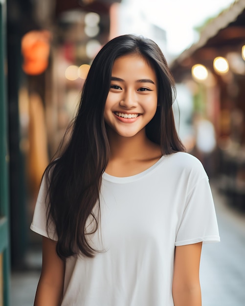 Bela adolescente asiática sorrindo com felicidade e atraente