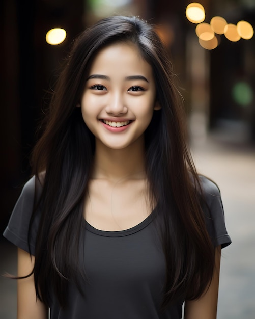 Bela adolescente asiática sorrindo com felicidade e atraente