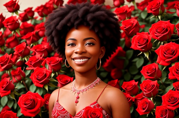 Bela afro-americana em rosas Retrato de uma linda mulher negra com composição de rosas vermelhas Generative AI