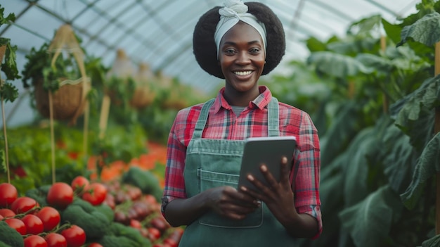Bela afro-americana proprietária de um jardim de legumes orgânicos com pele preta, sorrindo, segurando um tablet com a equipe de agricultores, ajudando a cuidar das parcelas de sementes na estufa, colheita agrícola moderna