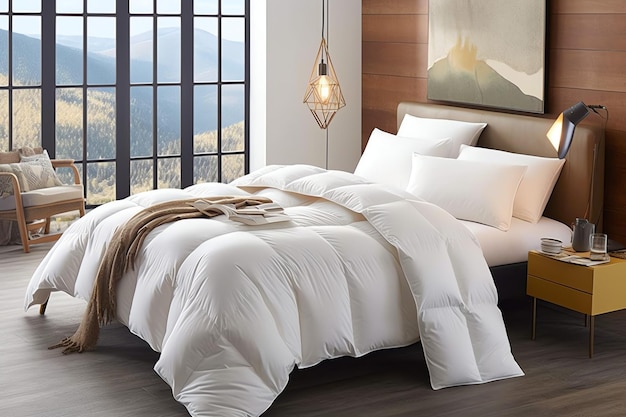 Bela almofada branca confortável de luxo e cobertor na decoração da cama Almofada de luxo de baixo branco
