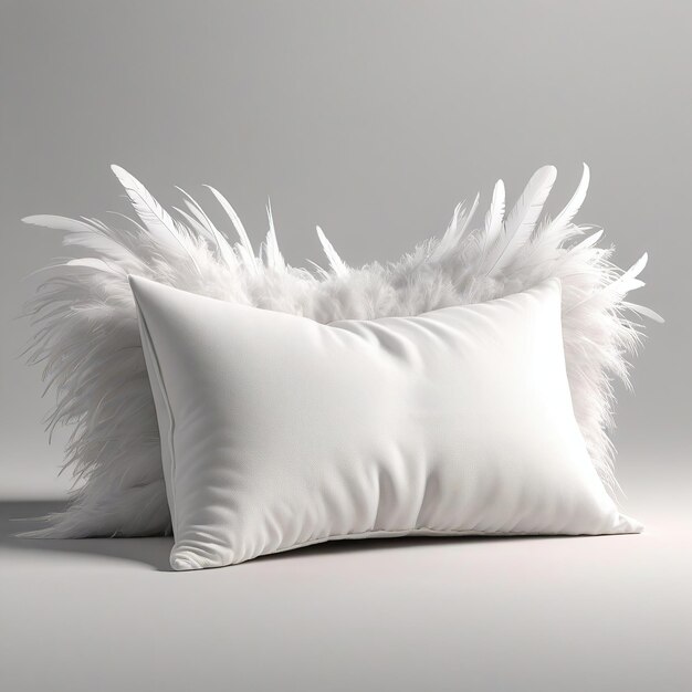 Bela almofada de penas brancas na cama no quarto renderização 3d