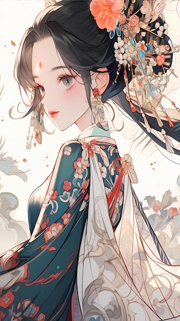 Bela animação de desenho animado pintado à mão ilustração de menina fantasia chinesa