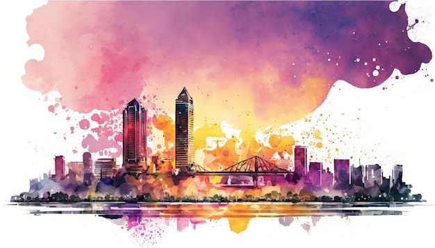 Bela Aquarela Urbana Da Nang City Skyline Generativa AI