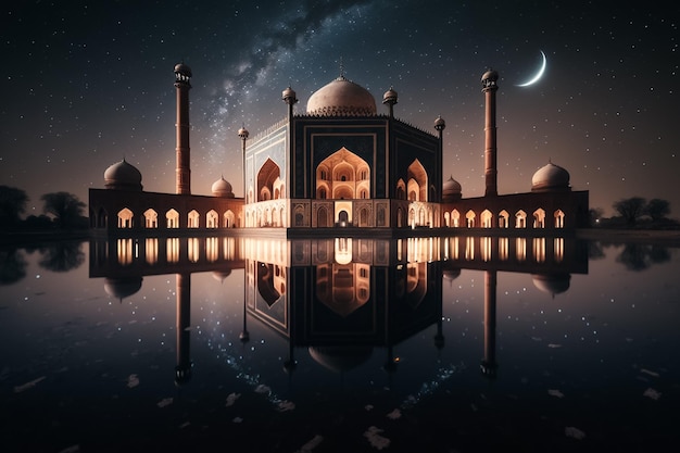 Bela arquitetura de mesquita islâmica na noite estrelada. IA generativa