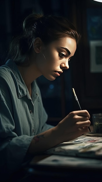 Bela artista feminina sentada à mesa e desenhando em seu estúdio à noite retrato vertical