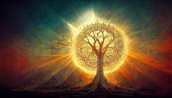 Bela árvore da vida símbolo sagrado individualidade prosperidade e conceito de crescimento ilustração 3d
