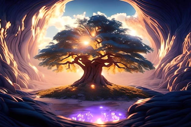 bela árvore mágica com nuvens mágicas e luz