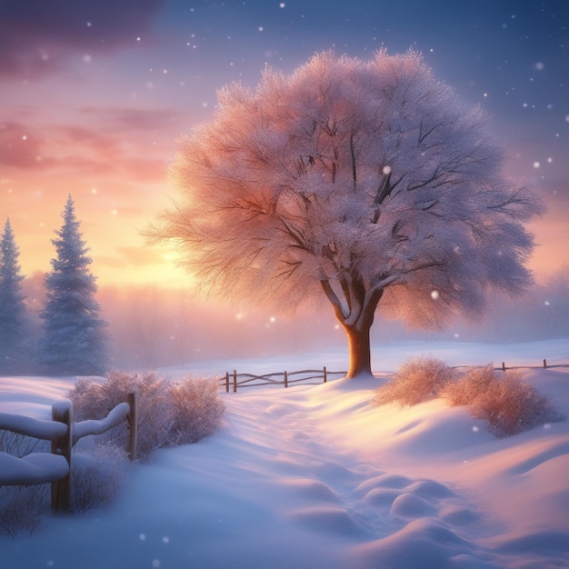 bela árvore na paisagem de inverno no final da noite em ilustração de arte digital de queda de neve