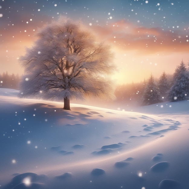 bela árvore na paisagem de inverno no final da noite em ilustração de arte digital de queda de neve