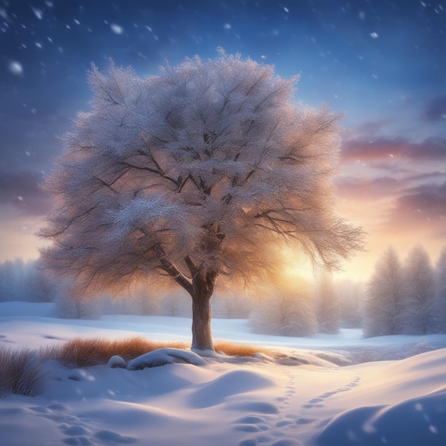 bela árvore na paisagem de inverno no final da noite em ilustração de arte digital de queda de neve