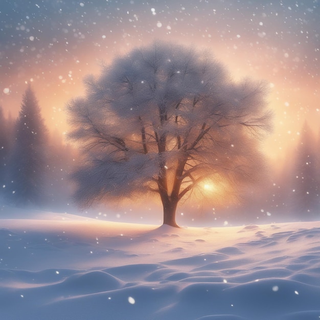 bela árvore na paisagem de inverno no final da noite em ilustração de arte digital de queda de neve