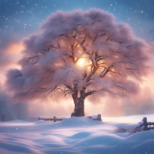 bela árvore na paisagem de inverno no final da noite em ilustração de arte digital de queda de neve