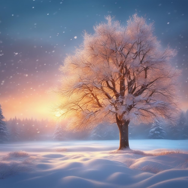 bela árvore na paisagem de inverno no final da noite em ilustração de arte digital de queda de neve