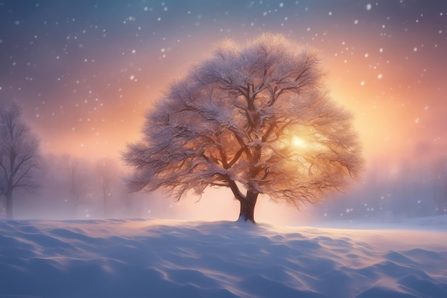 bela árvore na paisagem de inverno no final da noite em ilustração de arte digital de queda de neve