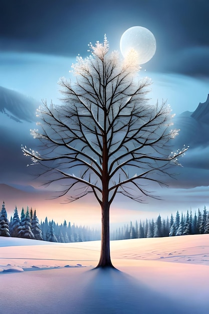 bela árvore na paisagem de inverno no final da noite em pintura de ilustração de arte digital de queda de neve