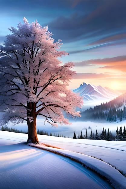 bela árvore na paisagem de inverno no final da noite em pintura de ilustração de arte digital de queda de neve