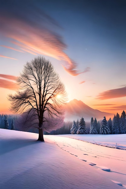 bela árvore na paisagem de inverno no final da noite em pintura de ilustração de arte digital de queda de neve