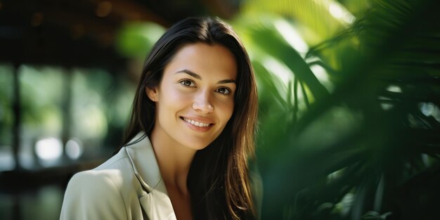 Bela atraente mulher de negócios mulher garota rosto retrato sorriso com fauna tropical verde